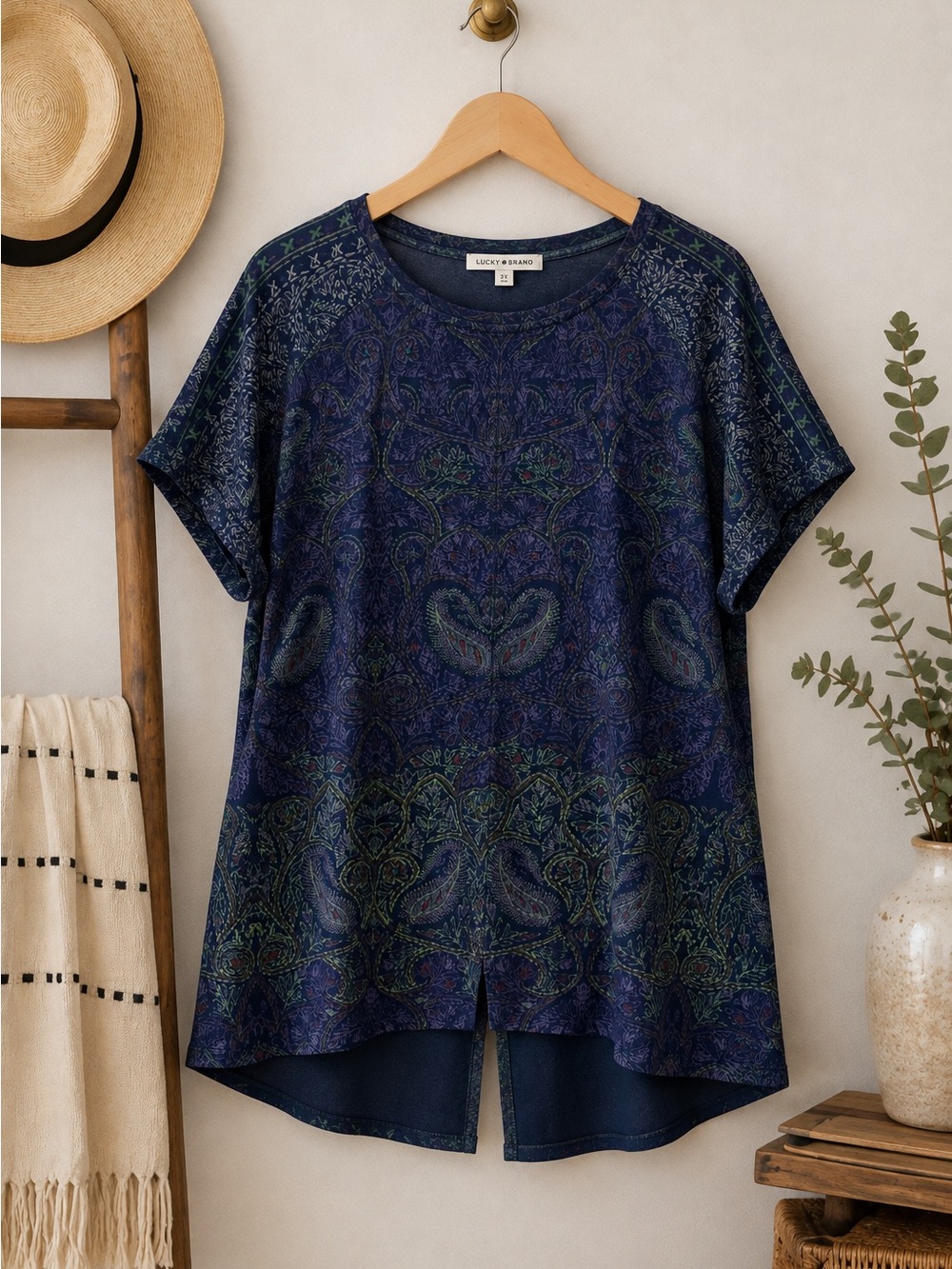 🦋 Lucky Brand 2X Blue Boho Paisley Print High Low T-Shirt Tunic Top 🍀
